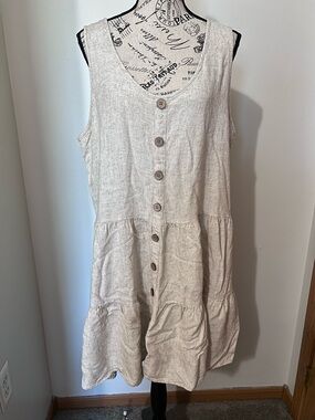 Marissa Olivia Linen Blend Button Front Dress 2X Tan Oatmeal Tiered Midi